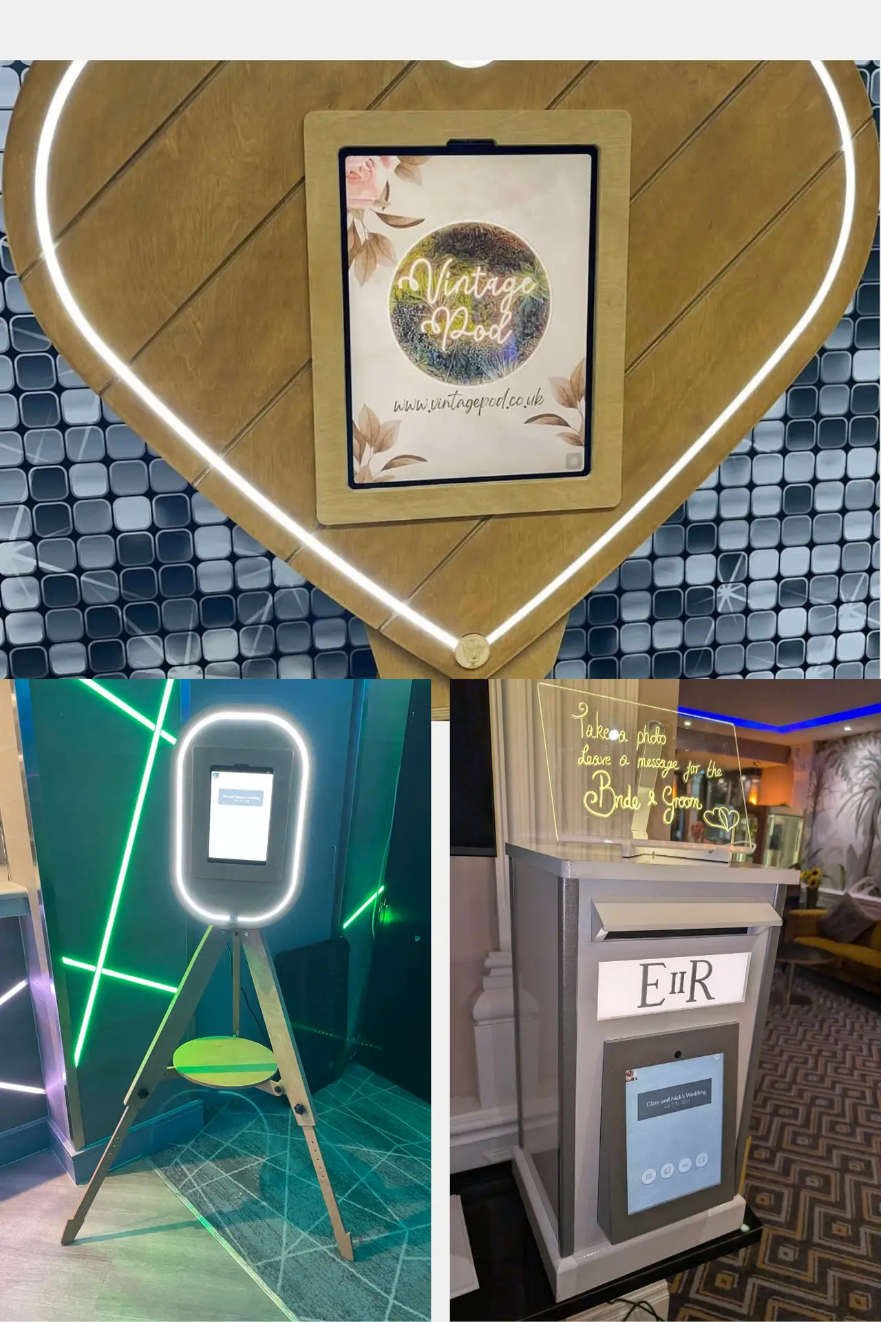 Collage of 3 selfie pods, oval, heart and postbox shaped